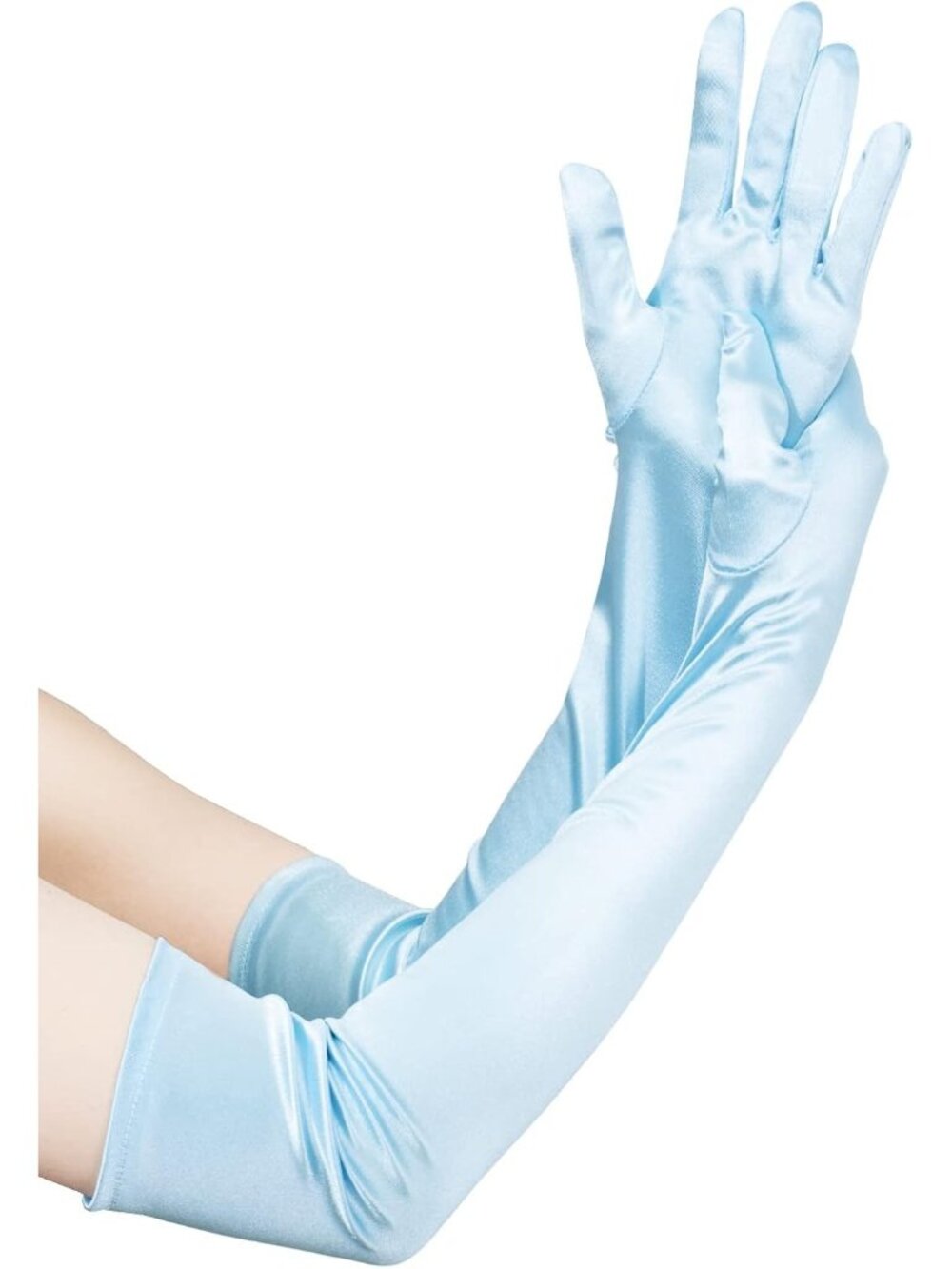 Women 22 Inch A lake Blue Satin Elbow Long Length Mitten Bridal Wedding Gloves